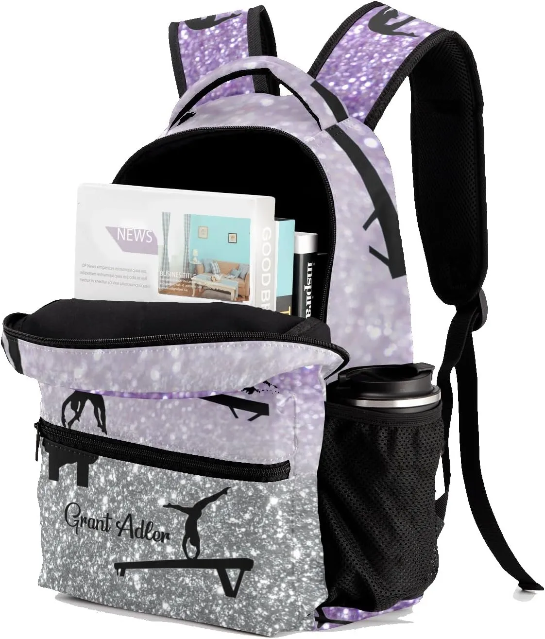 Deven I Love Gymnastics Purple Grey Personalized Kids for Boy/Girl Teen Primary School Daypack Travel Bag Bookbag