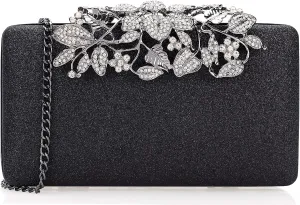 Dexmay Glitter Clutch Bag with Crystal Floral Clasp Women Evening Handbag Formal Party Purse Black