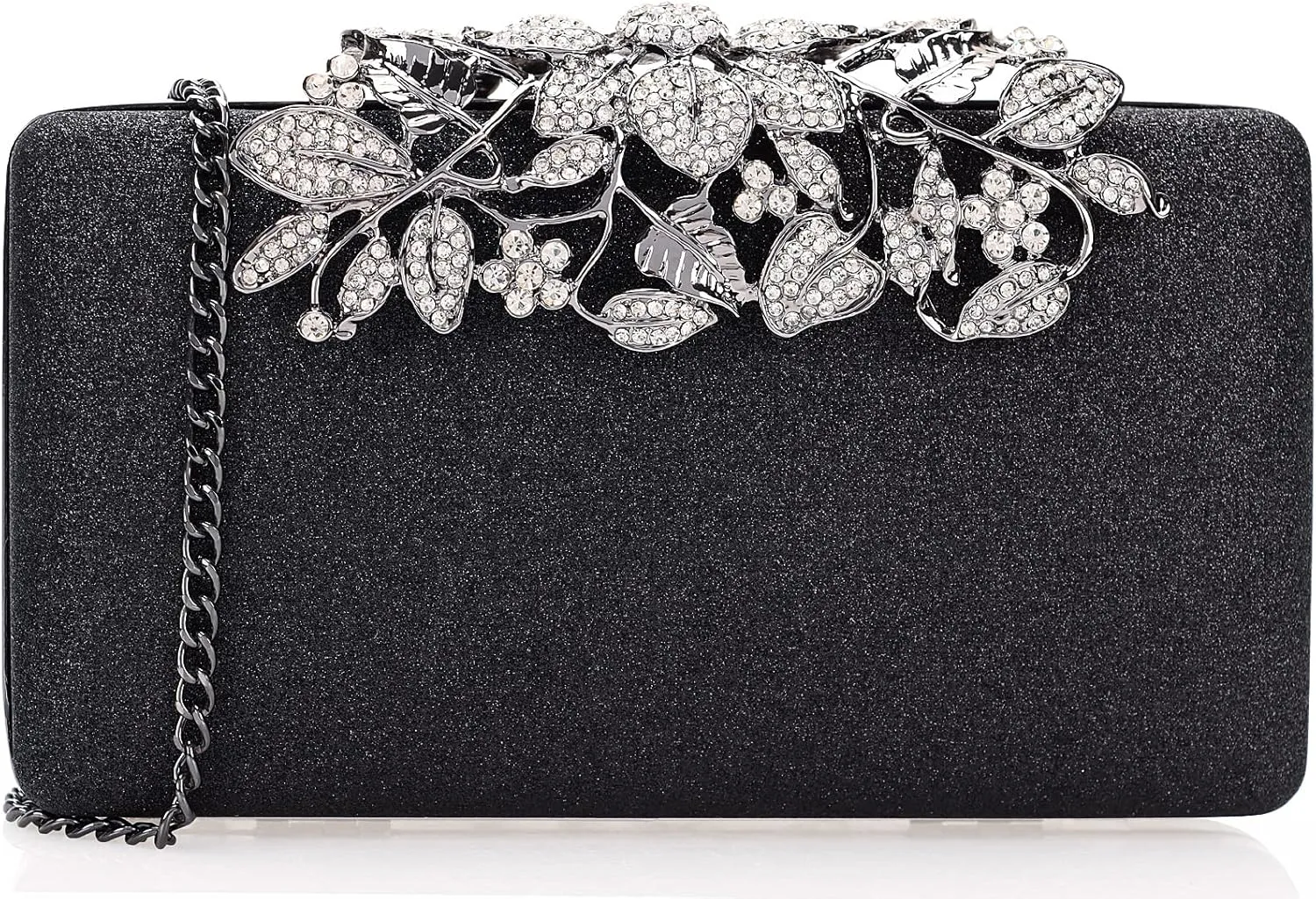 Dexmay Glitter Clutch Bag with Crystal Floral Clasp Women Evening Handbag Formal Party Purse Black
