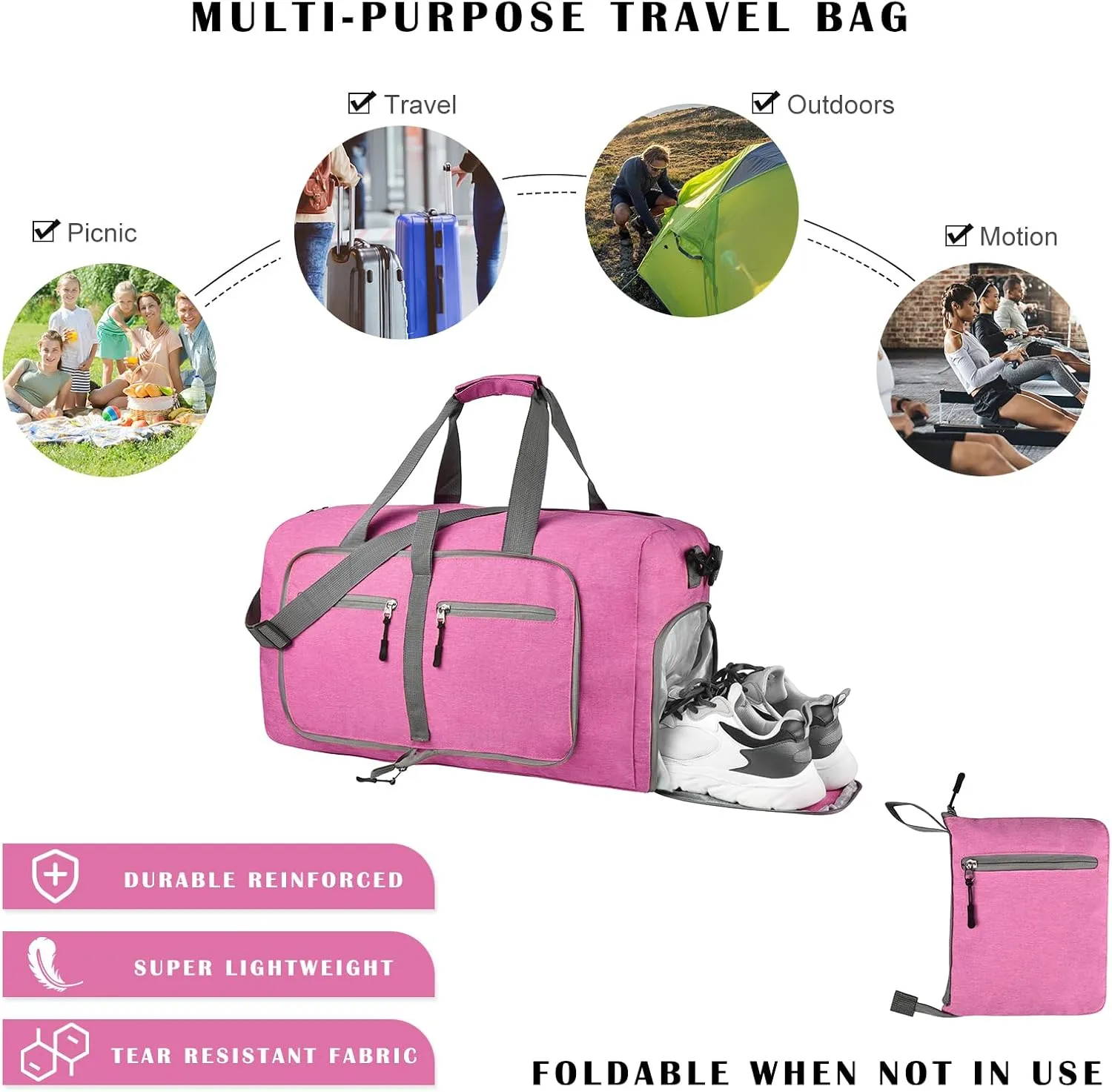 Dimayar 65L Travel Duffle Bag for Men Women - Foldable Duffel Bag with Shoes Compartment - Overnight Bags Waterproof & Tear Resistant(Rouge Pink)