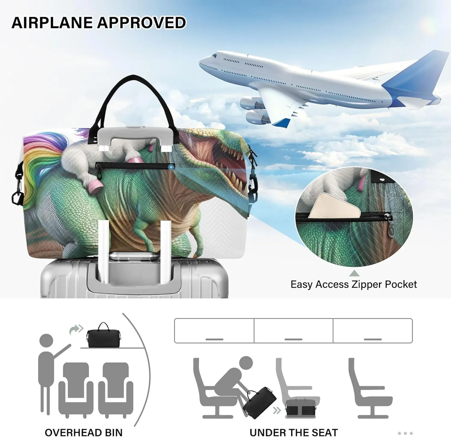 Dinosaur Unicorn Cute Duffle Bag Women Travel Cosmetic Bag Set of 2, Painting Women Gym Tote Bags Overnight Hospital Bag