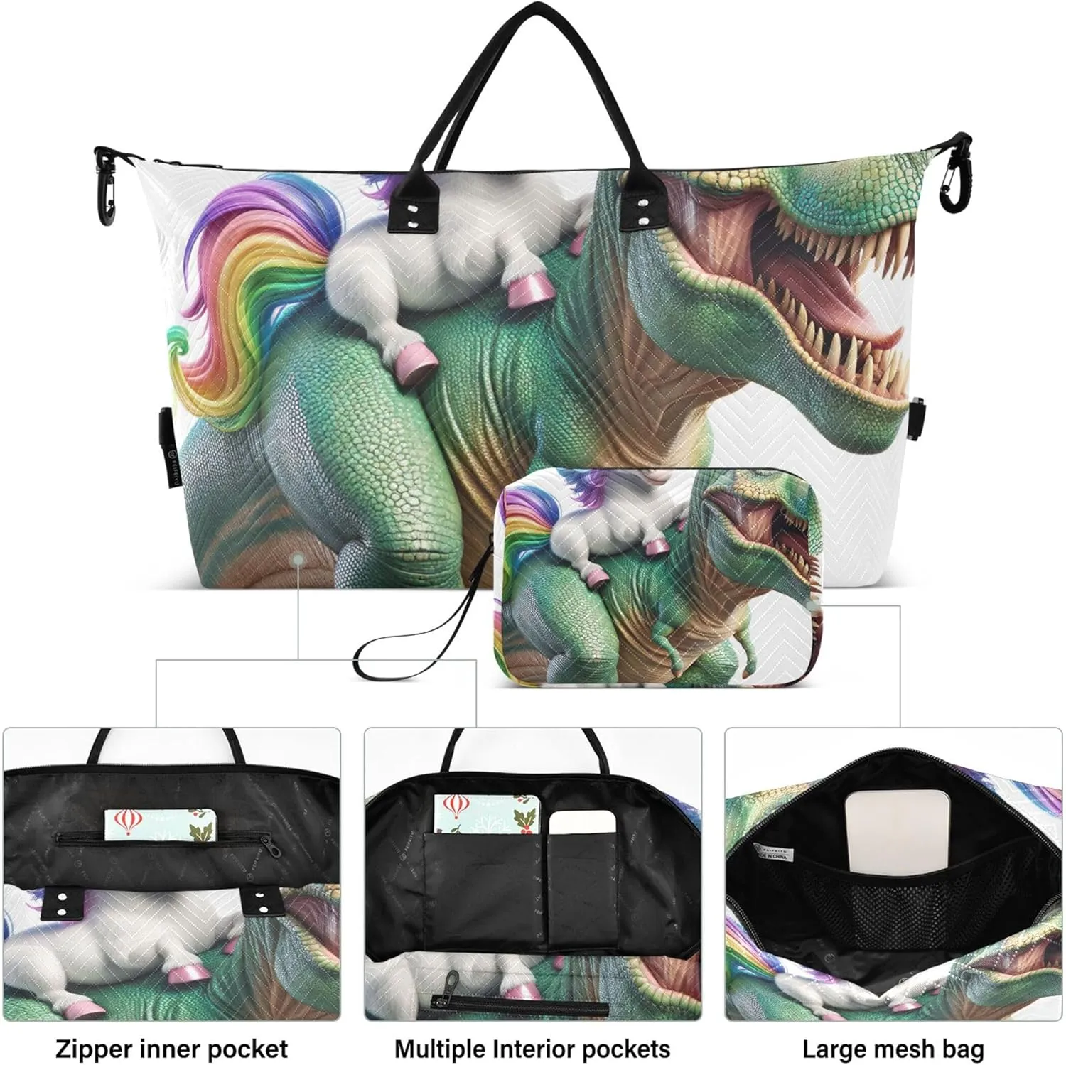 Dinosaur Unicorn Cute Duffle Bag Women Travel Cosmetic Bag Set of 2, Painting Women Gym Tote Bags Overnight Hospital Bag