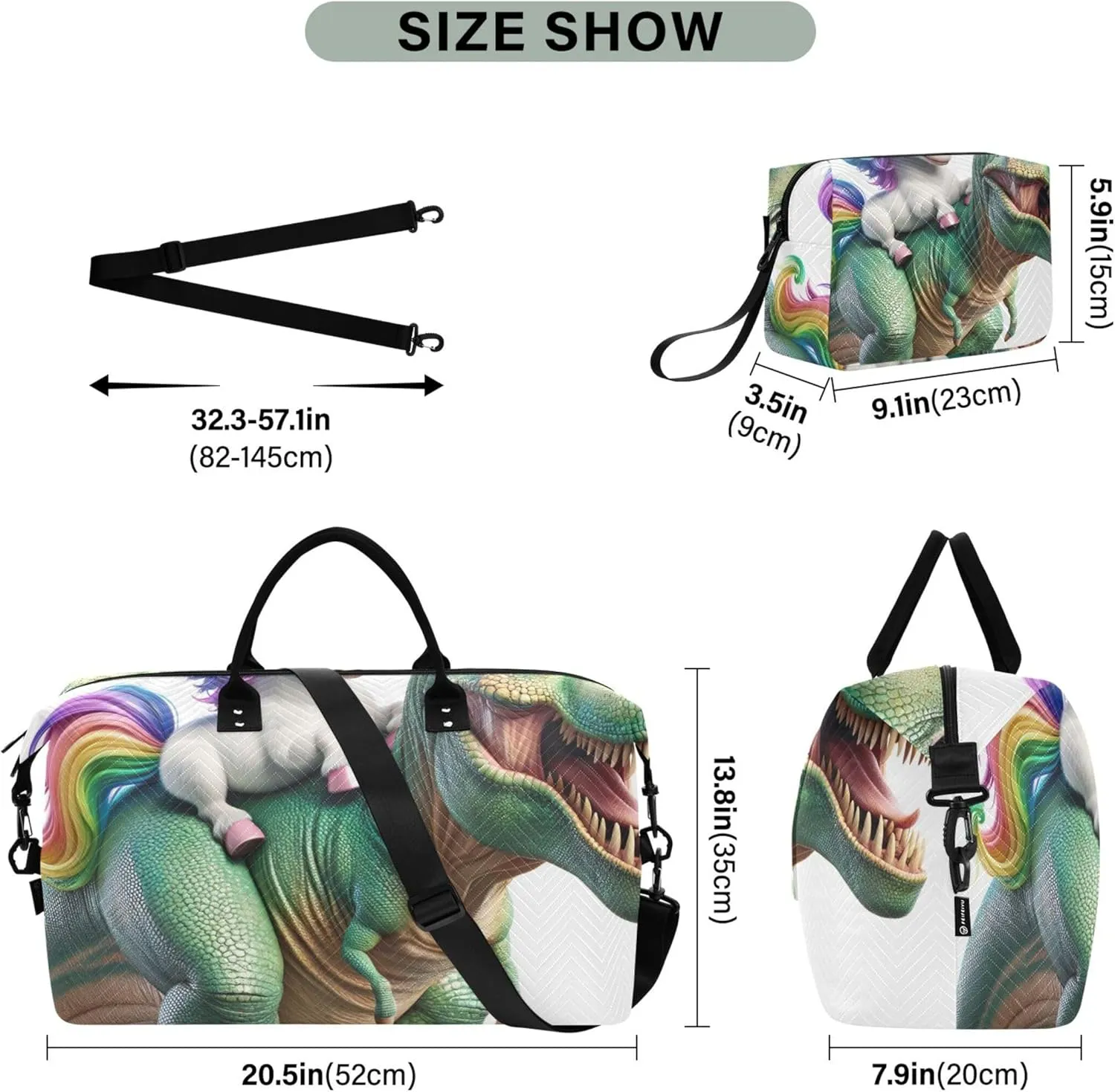 Dinosaur Unicorn Cute Duffle Bag Women Travel Cosmetic Bag Set of 2, Painting Women Gym Tote Bags Overnight Hospital Bag