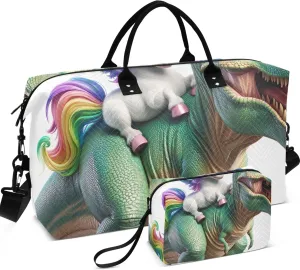 Dinosaur Unicorn Cute Duffle Bag Women Travel Cosmetic Bag Set of 2, Painting Women Gym Tote Bags Overnight Hospital Bag