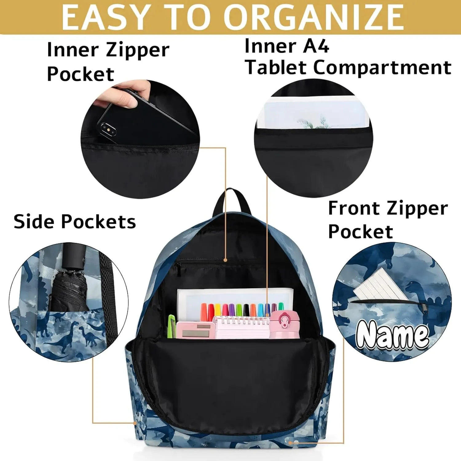 Dinosaurs Personalized Backpack Bag with Name Lightweight Custom Shoulder Bags Waterproof Casual Backpacks Travel Laptop Bag 15.1in