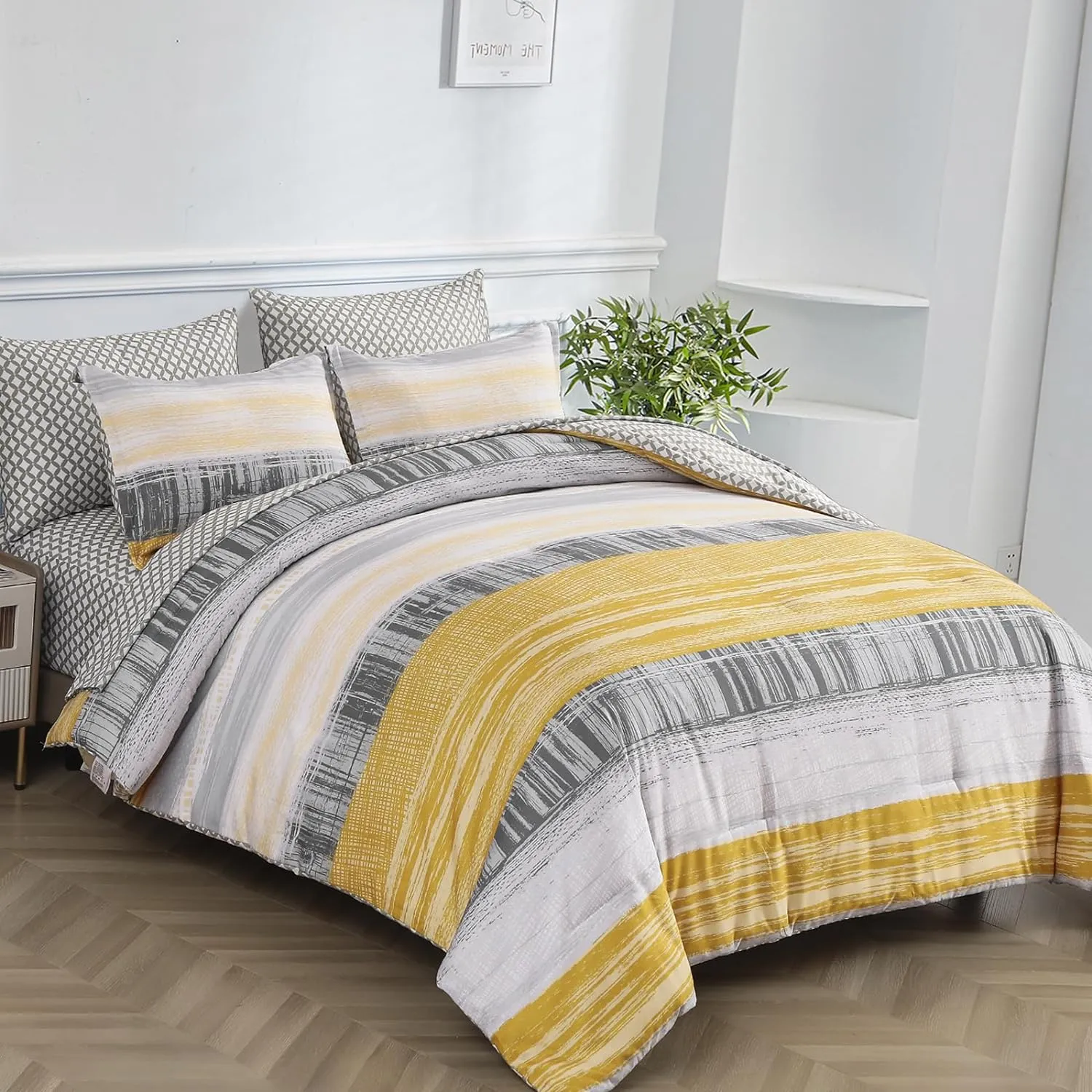 Dintszyayue 7 Piece Yellow Stripe Gradient Comforter Set Queen,Mustard Yellow and Grey Bed in a Bag Patchwork Bedding Set with Sheets,Pillowcases & Shams Reversible Soft Microfiber Comforter