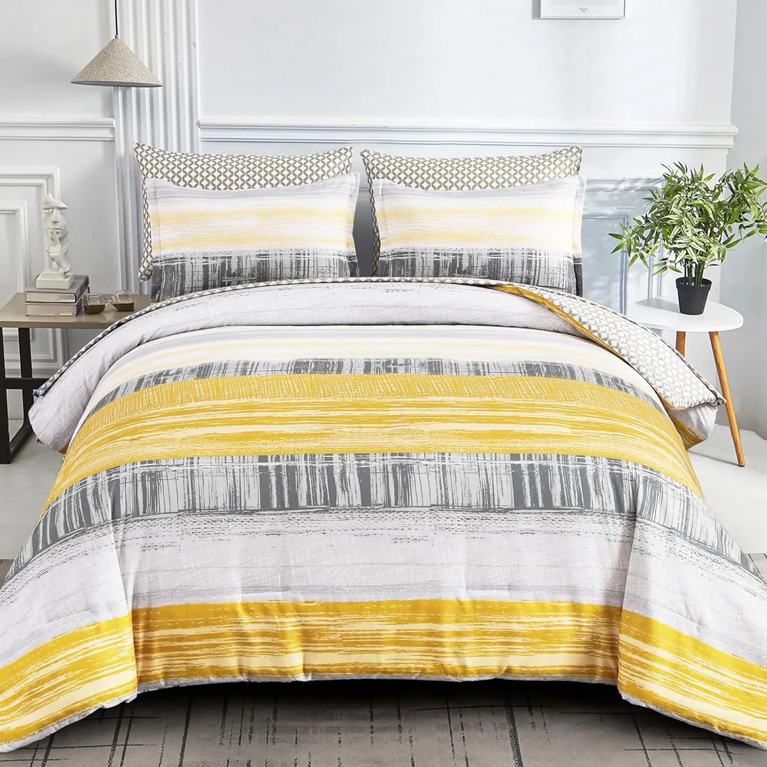 Dintszyayue 7 Piece Yellow Stripe Gradient Comforter Set Queen,Mustard Yellow and Grey Bed in a Bag Patchwork Bedding Set with Sheets,Pillowcases & Shams Reversible Soft Microfiber Comforter