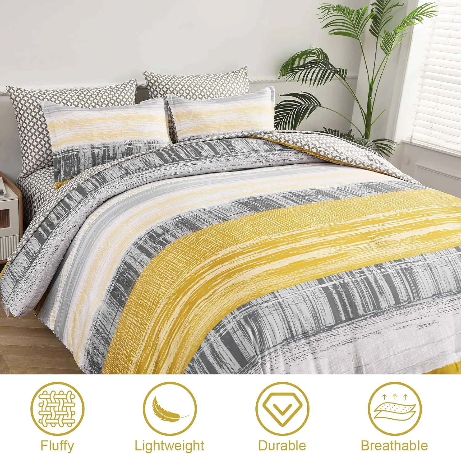 Dintszyayue 7 Piece Yellow Stripe Gradient Comforter Set Queen,Mustard Yellow and Grey Bed in a Bag Patchwork Bedding Set with Sheets,Pillowcases & Shams Reversible Soft Microfiber Comforter