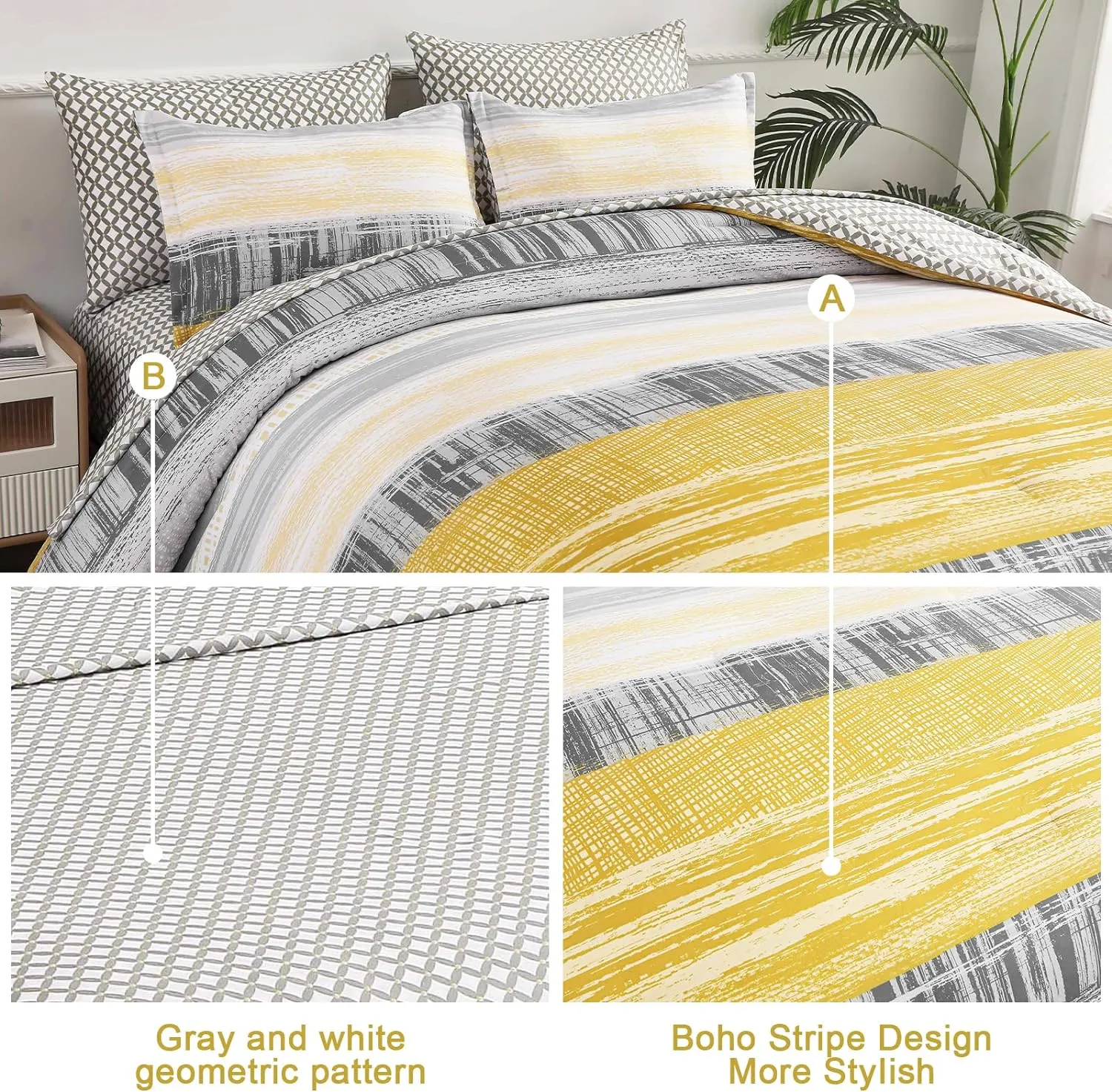 Dintszyayue 7 Piece Yellow Stripe Gradient Comforter Set Queen,Mustard Yellow and Grey Bed in a Bag Patchwork Bedding Set with Sheets,Pillowcases & Shams Reversible Soft Microfiber Comforter