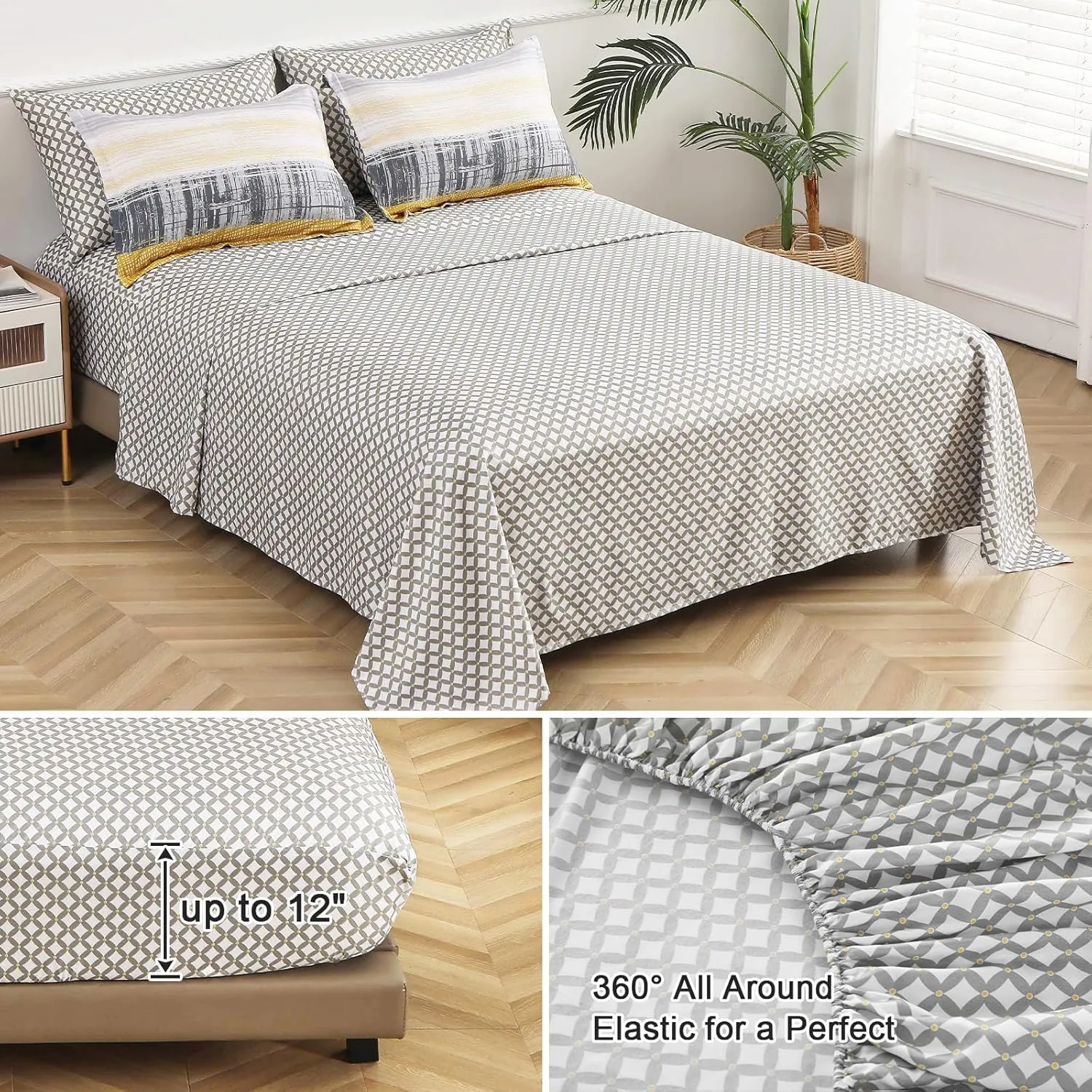 Dintszyayue 7 Piece Yellow Stripe Gradient Comforter Set Queen,Mustard Yellow and Grey Bed in a Bag Patchwork Bedding Set with Sheets,Pillowcases & Shams Reversible Soft Microfiber Comforter