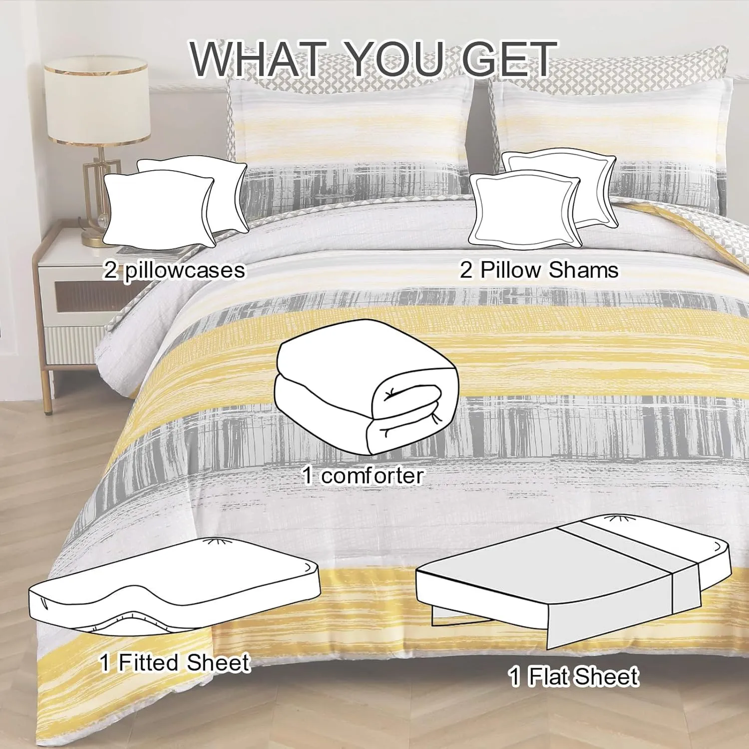 Dintszyayue 7 Piece Yellow Stripe Gradient Comforter Set Queen,Mustard Yellow and Grey Bed in a Bag Patchwork Bedding Set with Sheets,Pillowcases & Shams Reversible Soft Microfiber Comforter