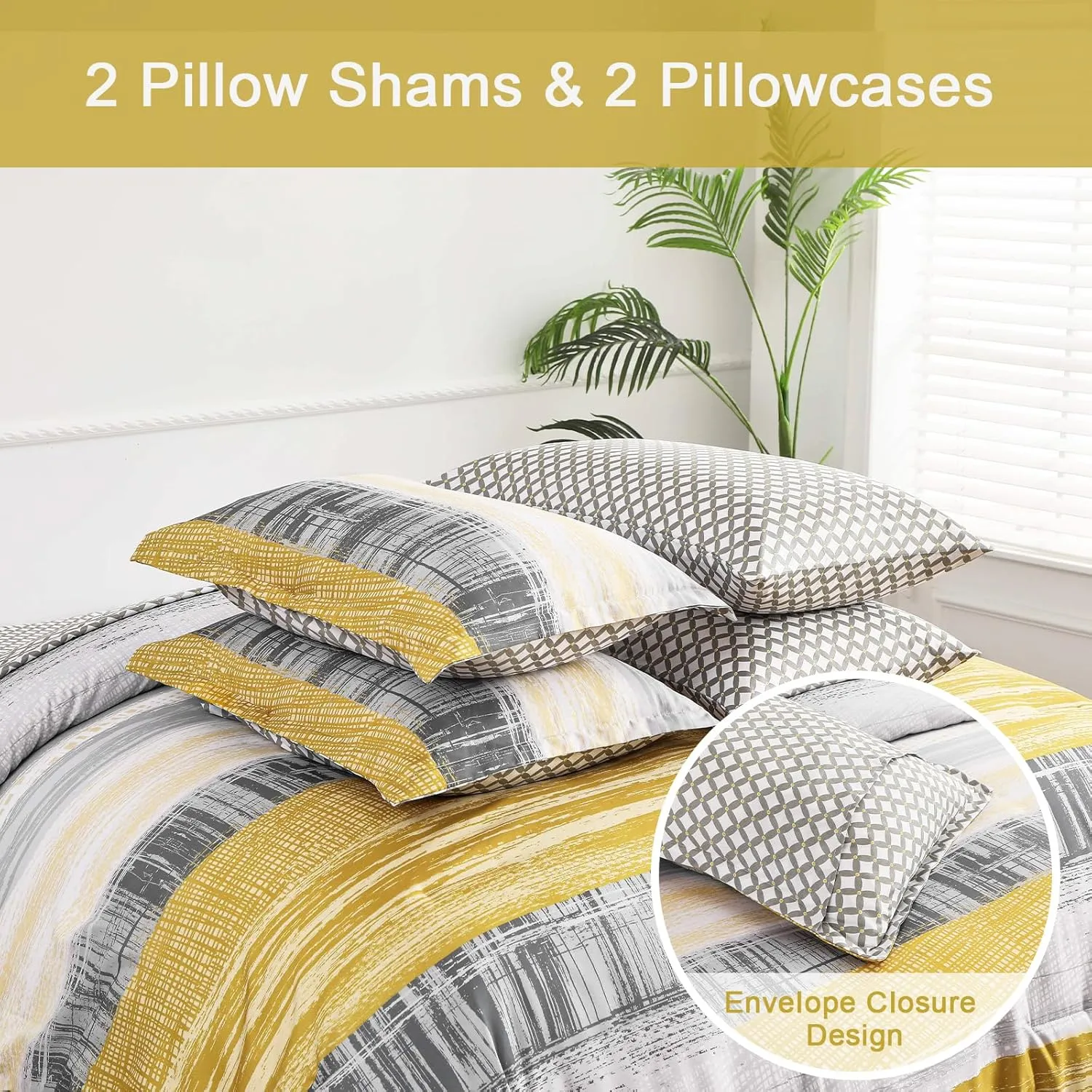 Dintszyayue 7 Piece Yellow Stripe Gradient Comforter Set Queen,Mustard Yellow and Grey Bed in a Bag Patchwork Bedding Set with Sheets,Pillowcases & Shams Reversible Soft Microfiber Comforter