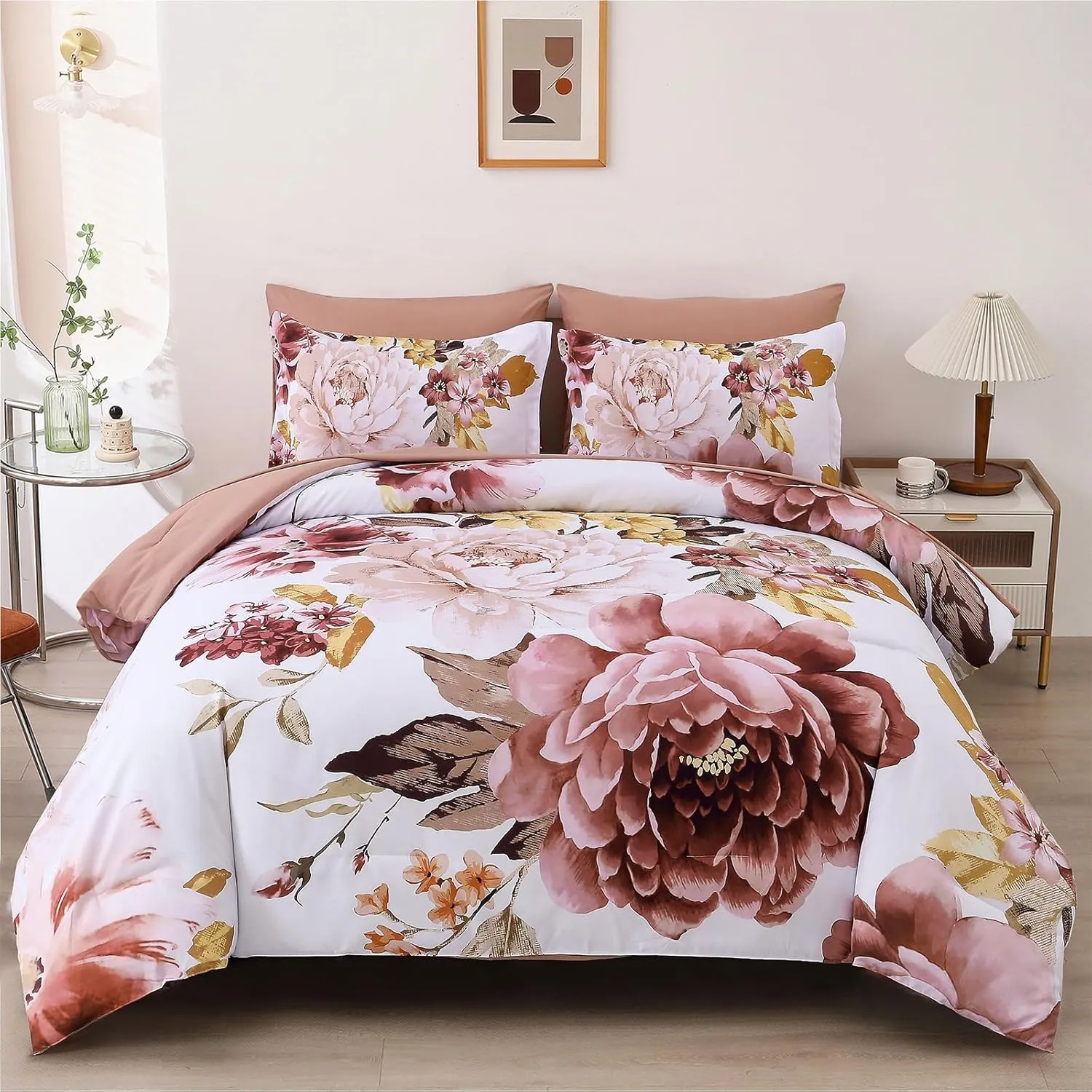 Dintszyayue Blush Comforter Set Queen Size 7 Pieces Floral Bed in a Bag Elegant Flower Bed Comforter Set Soft Bedding Sets for All Season with Flat Sheet, Fitted Sheets, Pillowcases & Shams