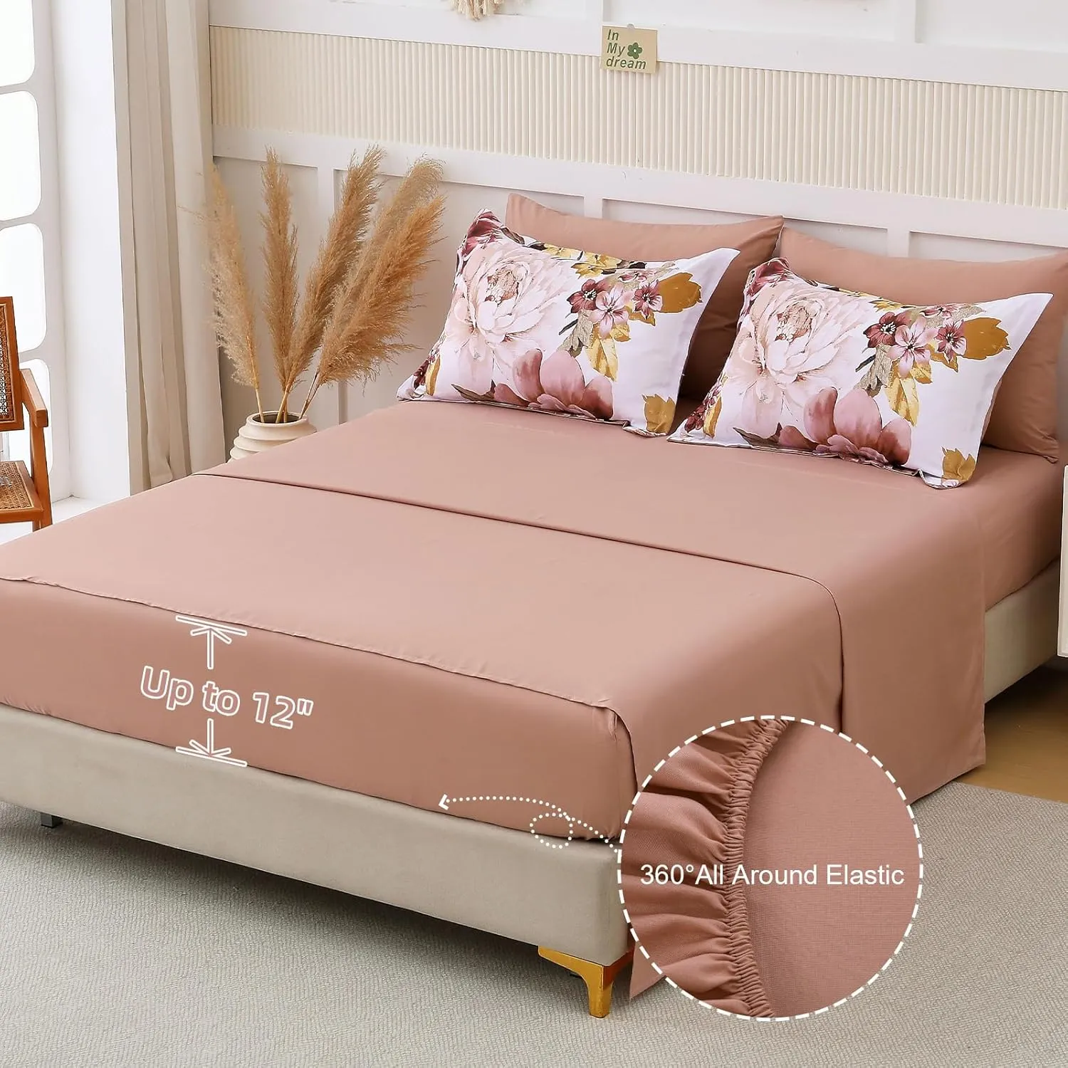 Dintszyayue Blush Comforter Set Queen Size 7 Pieces Floral Bed in a Bag Elegant Flower Bed Comforter Set Soft Bedding Sets for All Season with Flat Sheet, Fitted Sheets, Pillowcases & Shams