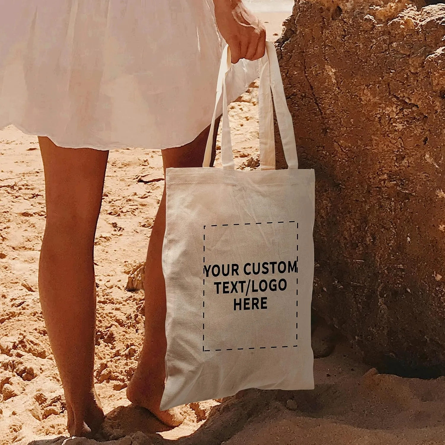 DISCOUNT PROMOS Custom Cotton Canvas Tote Bags Set of 10, Personalized Bulk Pack - Reusable, Great for Shopping, Grocery, Beach, Picnic, Wedding Favors - Natural