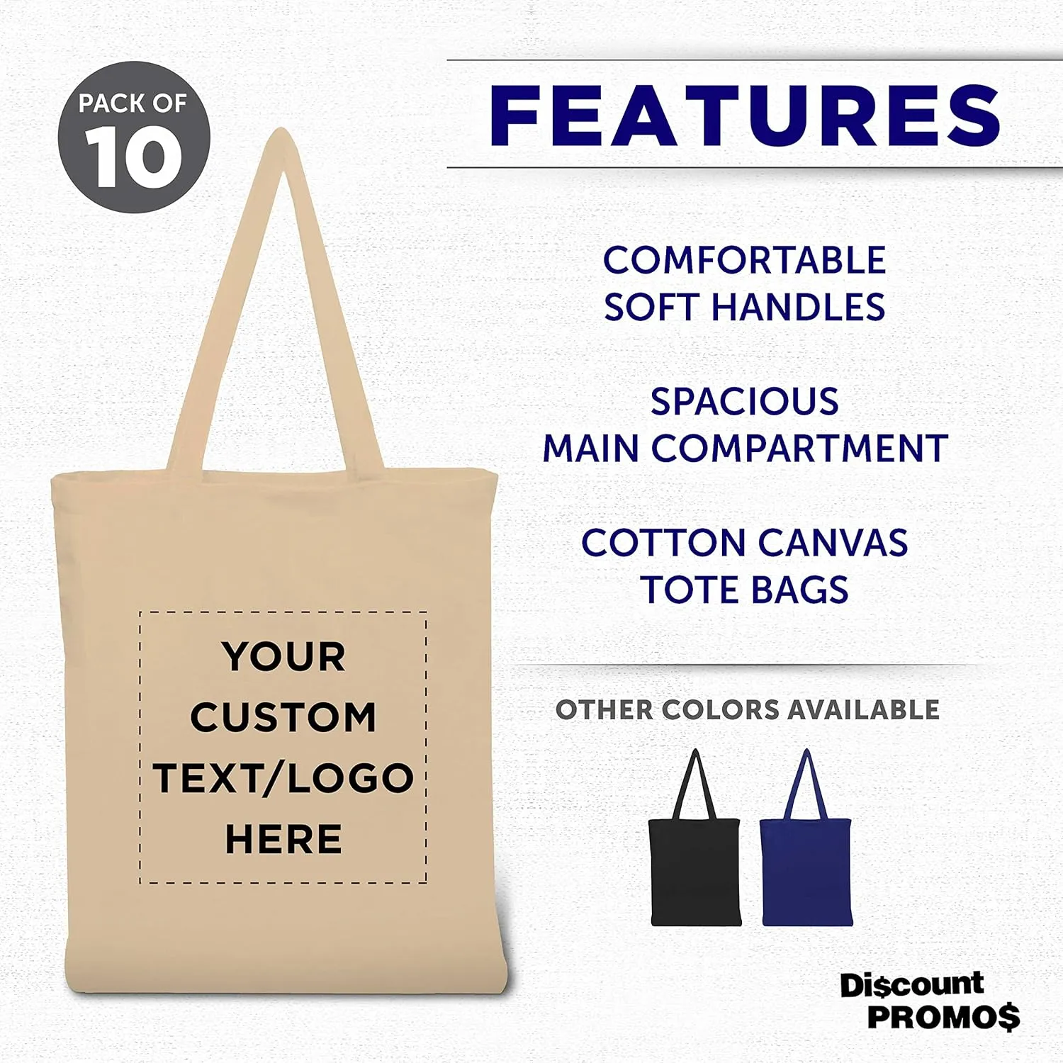 DISCOUNT PROMOS Custom Cotton Canvas Tote Bags Set of 10, Personalized Bulk Pack - Reusable, Great for Shopping, Grocery, Beach, Picnic, Wedding Favors - Natural