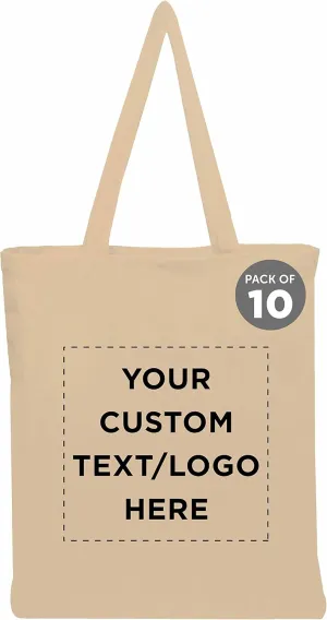 DISCOUNT PROMOS Custom Cotton Canvas Tote Bags Set of 10, Personalized Bulk Pack - Reusable, Great for Shopping, Grocery, Beach, Picnic, Wedding Favors - Natural