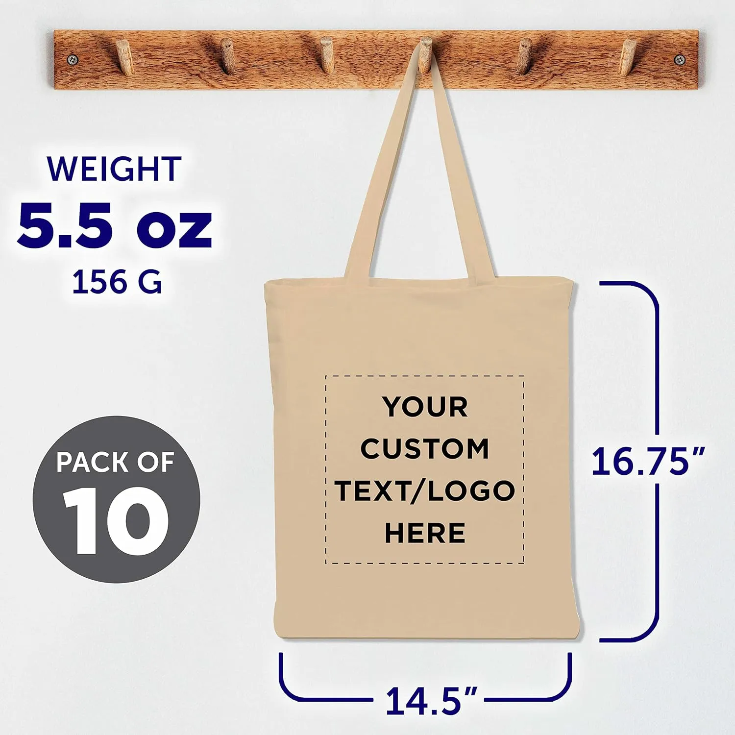 DISCOUNT PROMOS Custom Cotton Canvas Tote Bags Set of 10, Personalized Bulk Pack - Reusable, Great for Shopping, Grocery, Beach, Picnic, Wedding Favors - Natural
