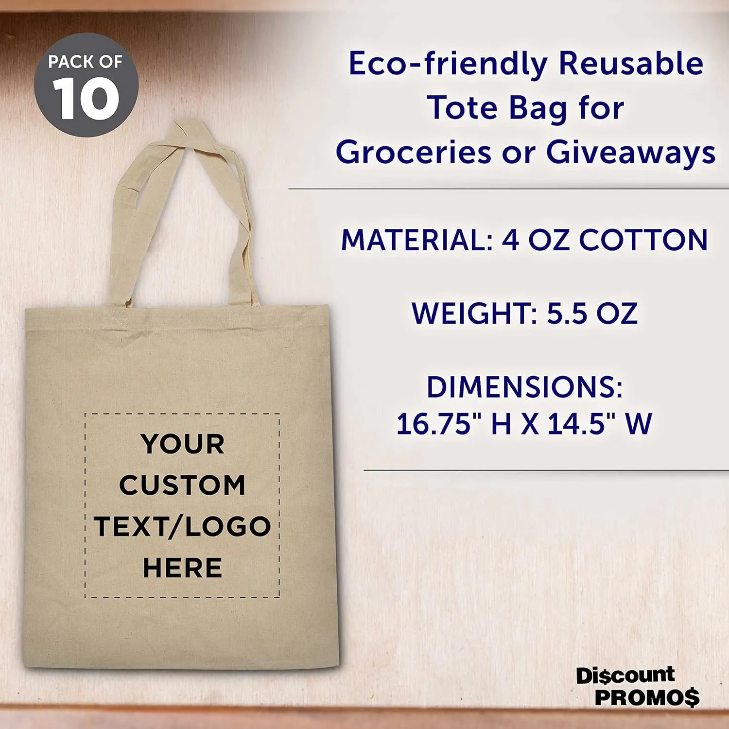 DISCOUNT PROMOS Custom Cotton Canvas Tote Bags Set of 10, Personalized Bulk Pack - Reusable, Great for Shopping, Grocery, Beach, Picnic, Wedding Favors - Natural