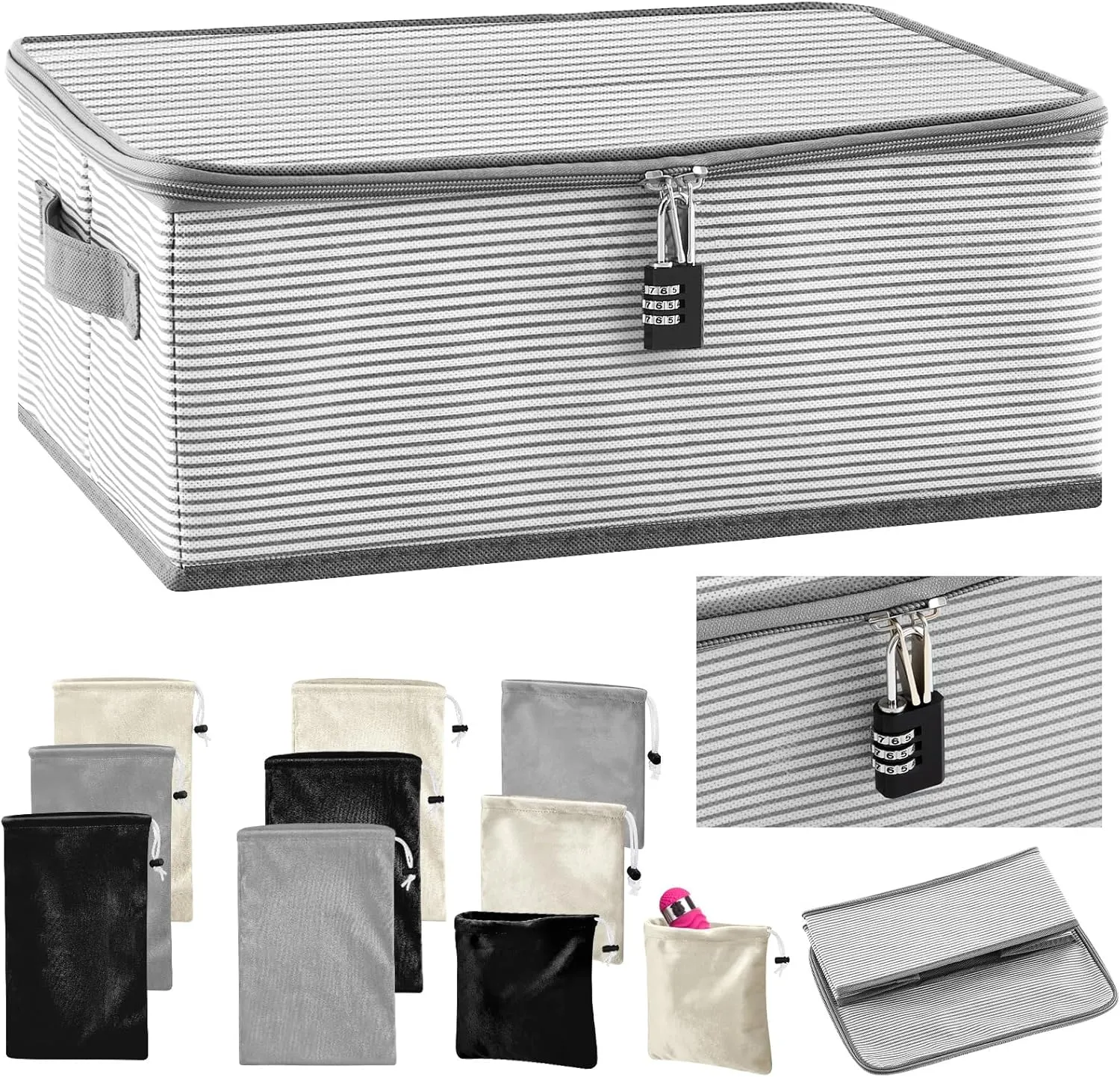 Discreet Lockable Adult Toy Bag Storage Organizer with 9 Pcs Toy Storage Drawstring Organizer for Women and Men 3 Sizes, 15 x 10 x 6.3 Inches Lockable Box Travel Container