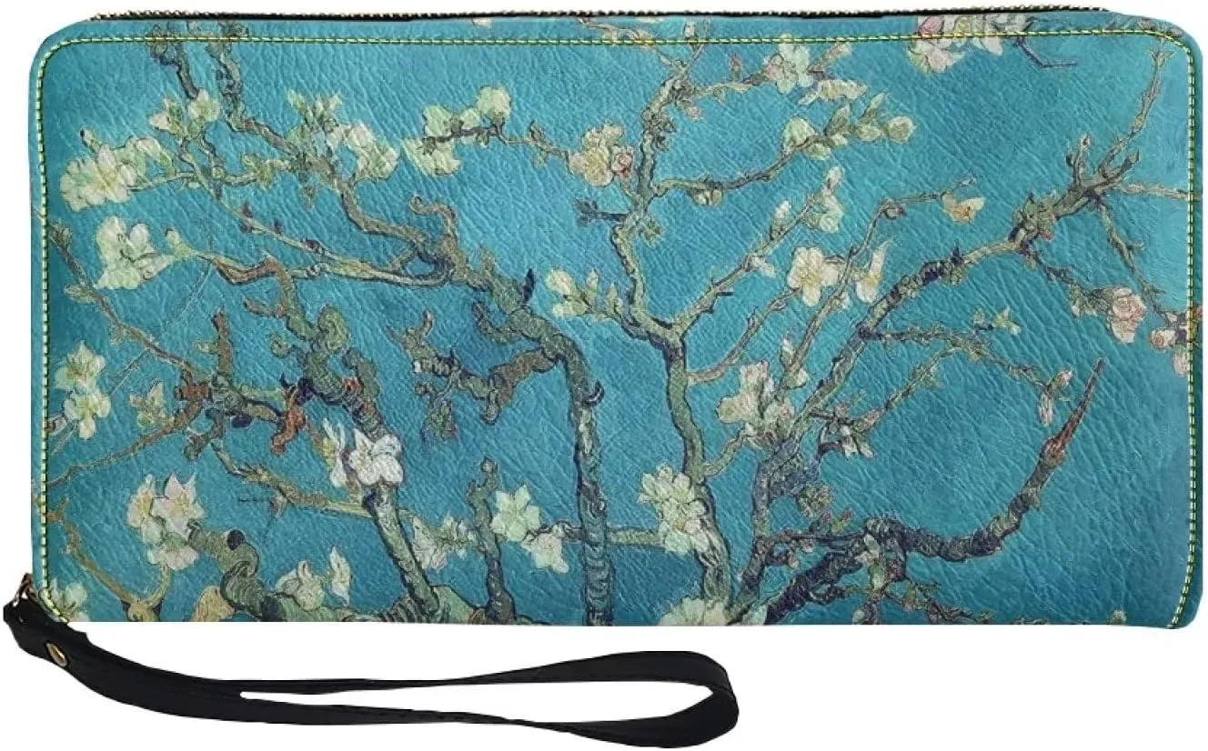 DISNIMO Almond Blossom Tree Oil Painting Wallet PU Leather Purse Large Capacity Wristlet Zipper Clutch Credit Card Holder Organizer Phone Bag Gift for Women Teens Girls