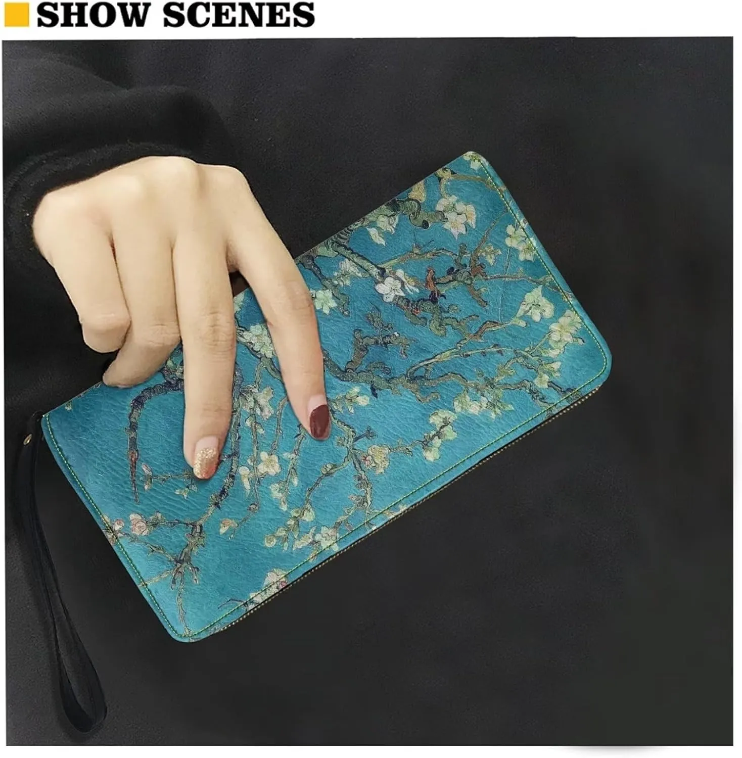 DISNIMO Almond Blossom Tree Oil Painting Wallet PU Leather Purse Large Capacity Wristlet Zipper Clutch Credit Card Holder Organizer Phone Bag Gift for Women Teens Girls