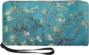 DISNIMO Almond Blossom Tree Oil Painting Wallet PU Leather Purse Large Capacity Wristlet Zipper Clutch Credit Card Holder Organizer Phone Bag Gift for Women Teens Girls