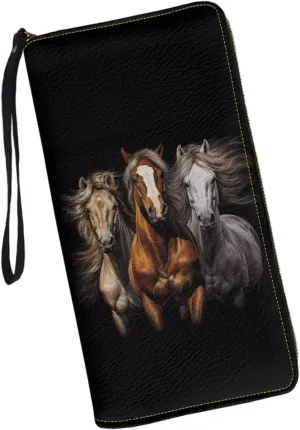 DISNIMO Black Horse Wallet PU Leather Purse Large Capacity Wristlet Zipper Clutch Credit Card Holder Organizer Phone Bag Gift for Women Teens Girls