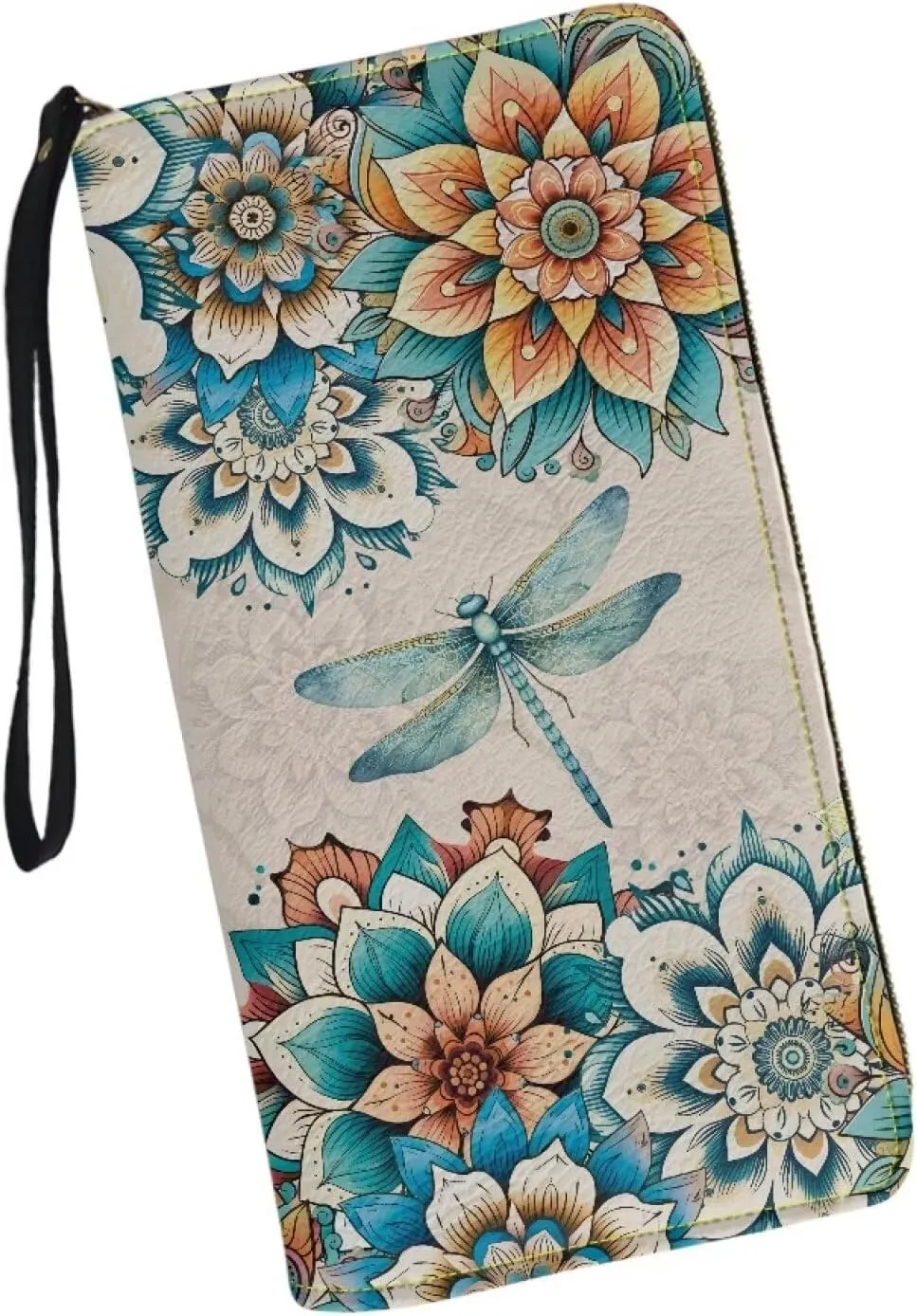 DISNIMO Boho Floral Dragonfly Wallet PU Leather Purse Large Capacity Wristlet Zipper Clutch Credit Card Holder Organizer Phone Bag Gift for Women Teens Girls