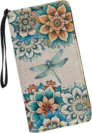 DISNIMO Boho Floral Dragonfly Wallet PU Leather Purse Large Capacity Wristlet Zipper Clutch Credit Card Holder Organizer Phone Bag Gift for Women Teens Girls