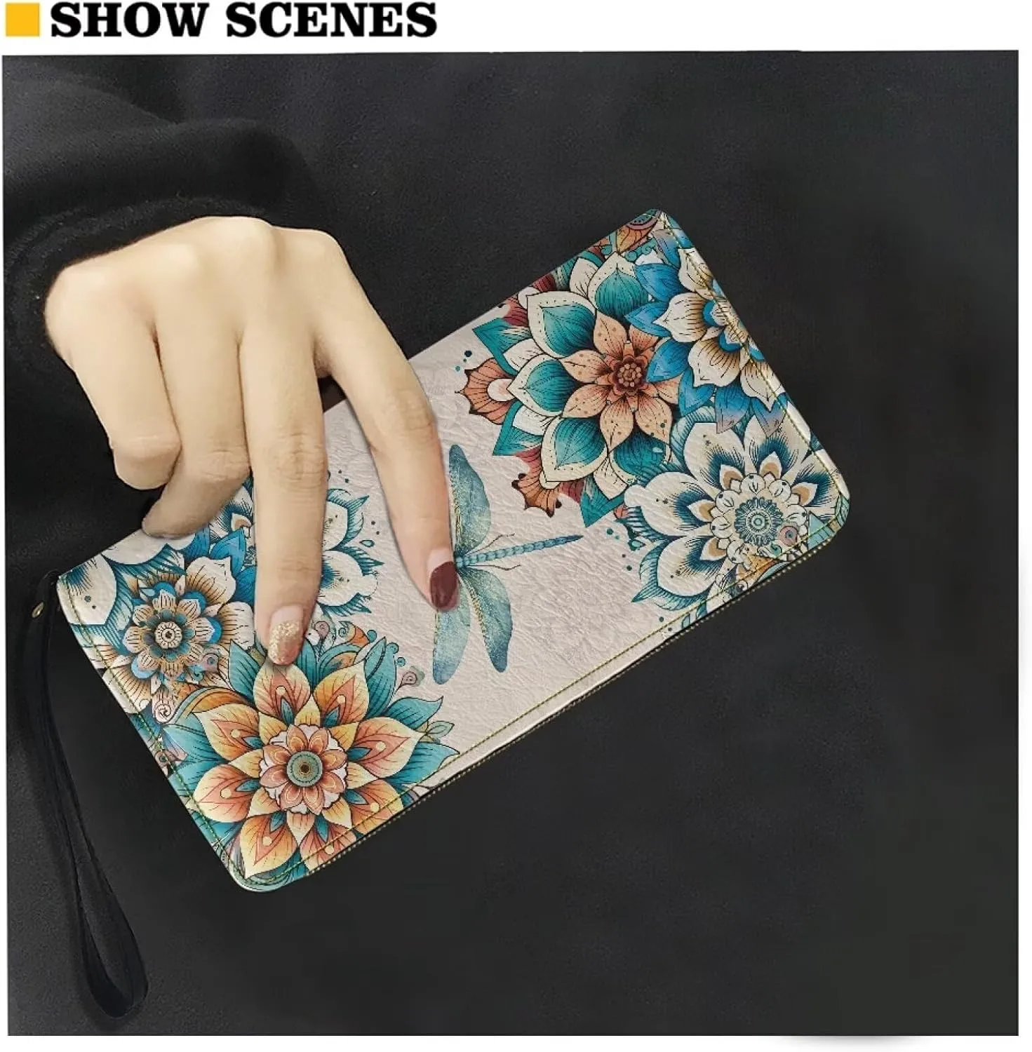 DISNIMO Boho Floral Dragonfly Wallet PU Leather Purse Large Capacity Wristlet Zipper Clutch Credit Card Holder Organizer Phone Bag Gift for Women Teens Girls