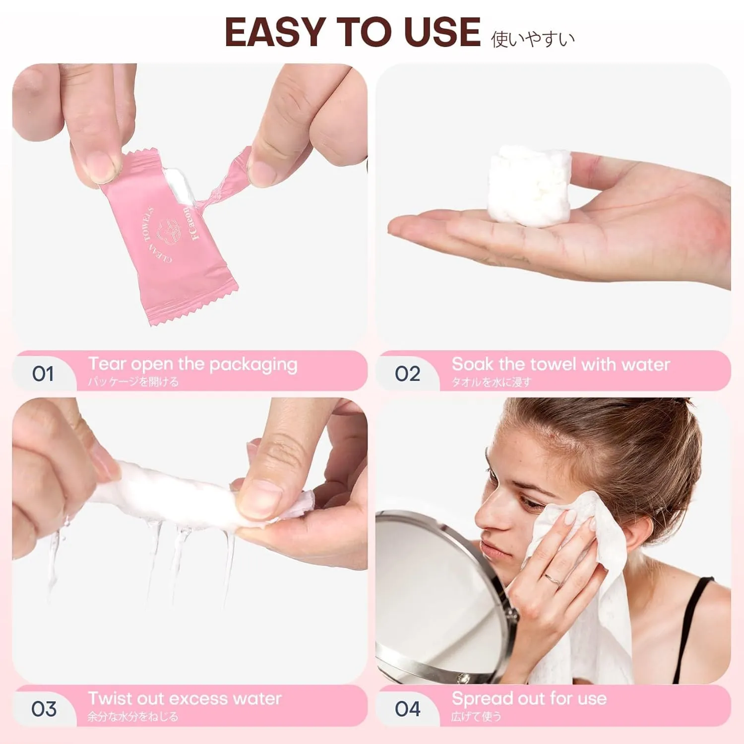 Disposable Towel, Thicken Compressed Towel Large, Soft Facial Washcloth Reusable Portable Cotton Tissue for Travel,Camping,Hiking,Hotel,Beauty Salon,Outdoor Activities(Pink 50PCS)