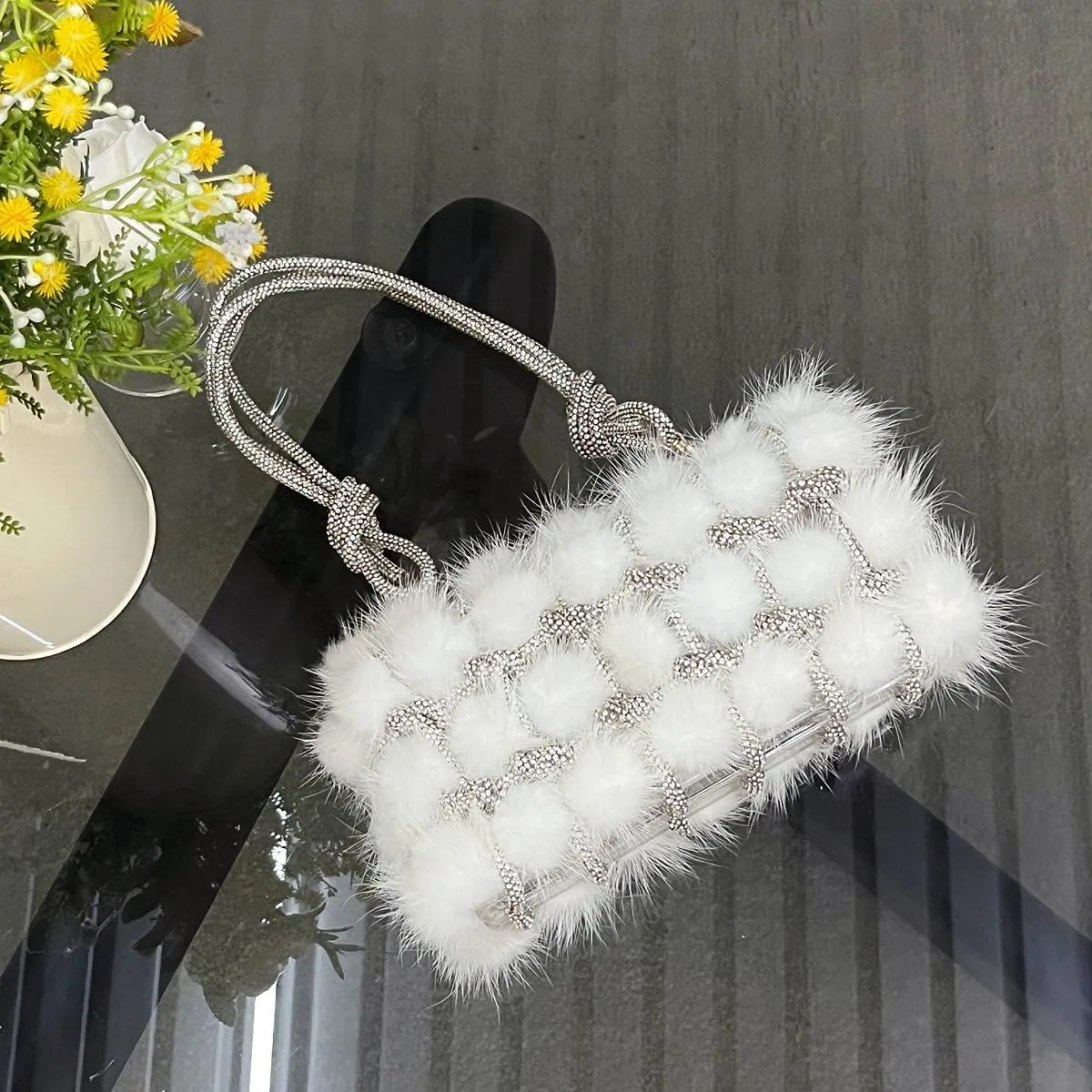 DJBM Clear Acrylic Clutch Sparkle Rhinestone Evening Bag Glitter Crystal-Embellished Rope Knot Handbag Purse for Party Prom