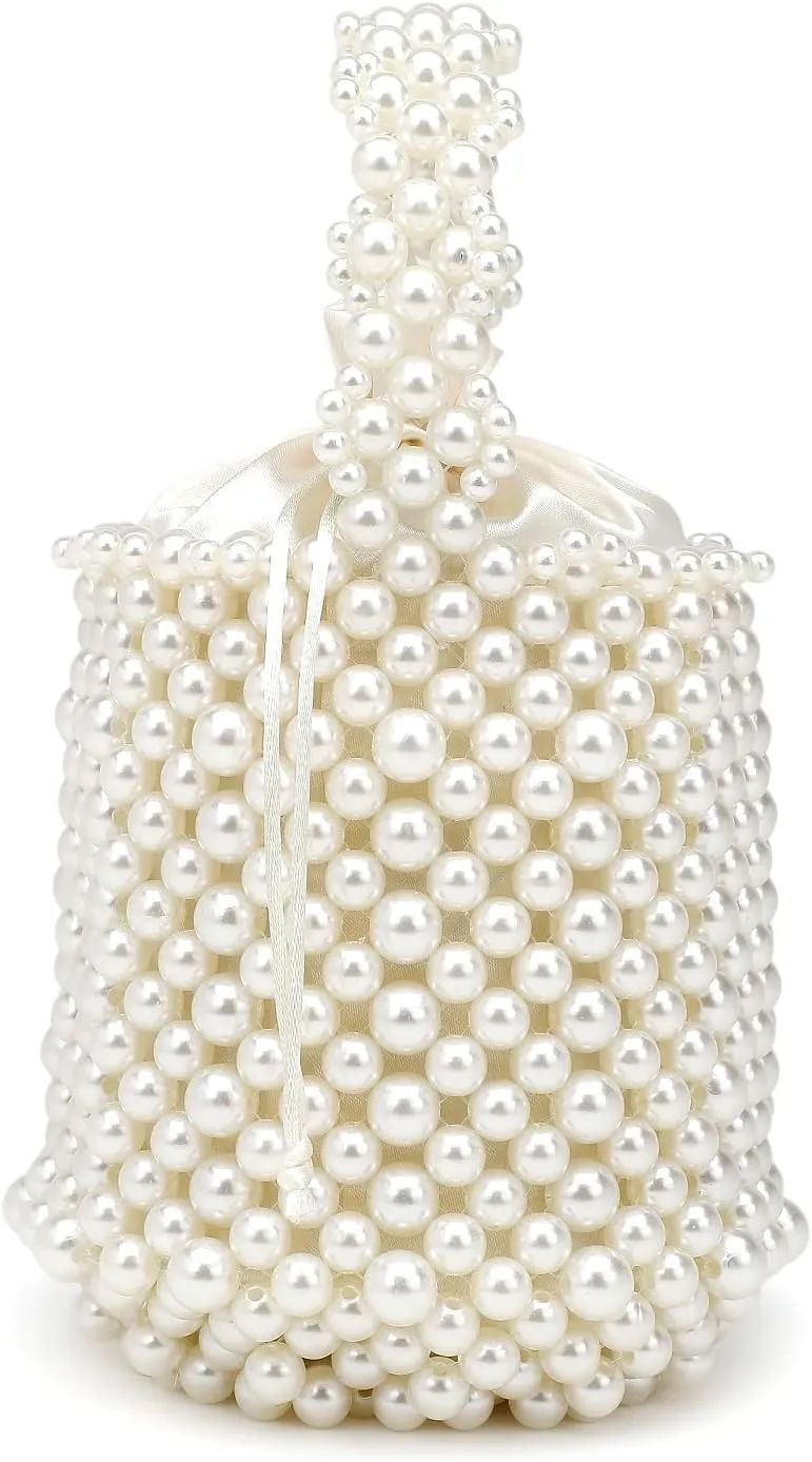 DJBM Women Handmade Pearl Beaded Clutch Bucket Evening Handbag Acrylic Pearl Purse for Party Wedding