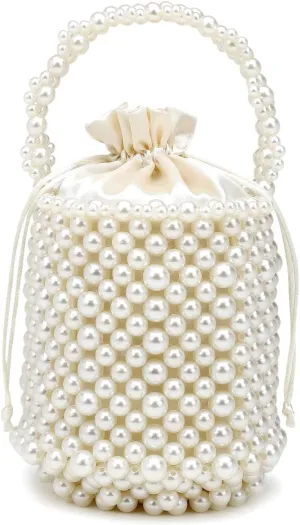 DJBM Women Handmade Pearl Beaded Clutch Bucket Evening Handbag Acrylic Pearl Purse for Party Wedding