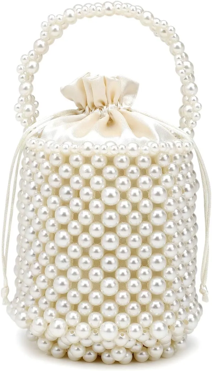 DJBM Women Handmade Pearl Beaded Clutch Bucket Evening Handbag Acrylic Pearl Purse for Party Wedding