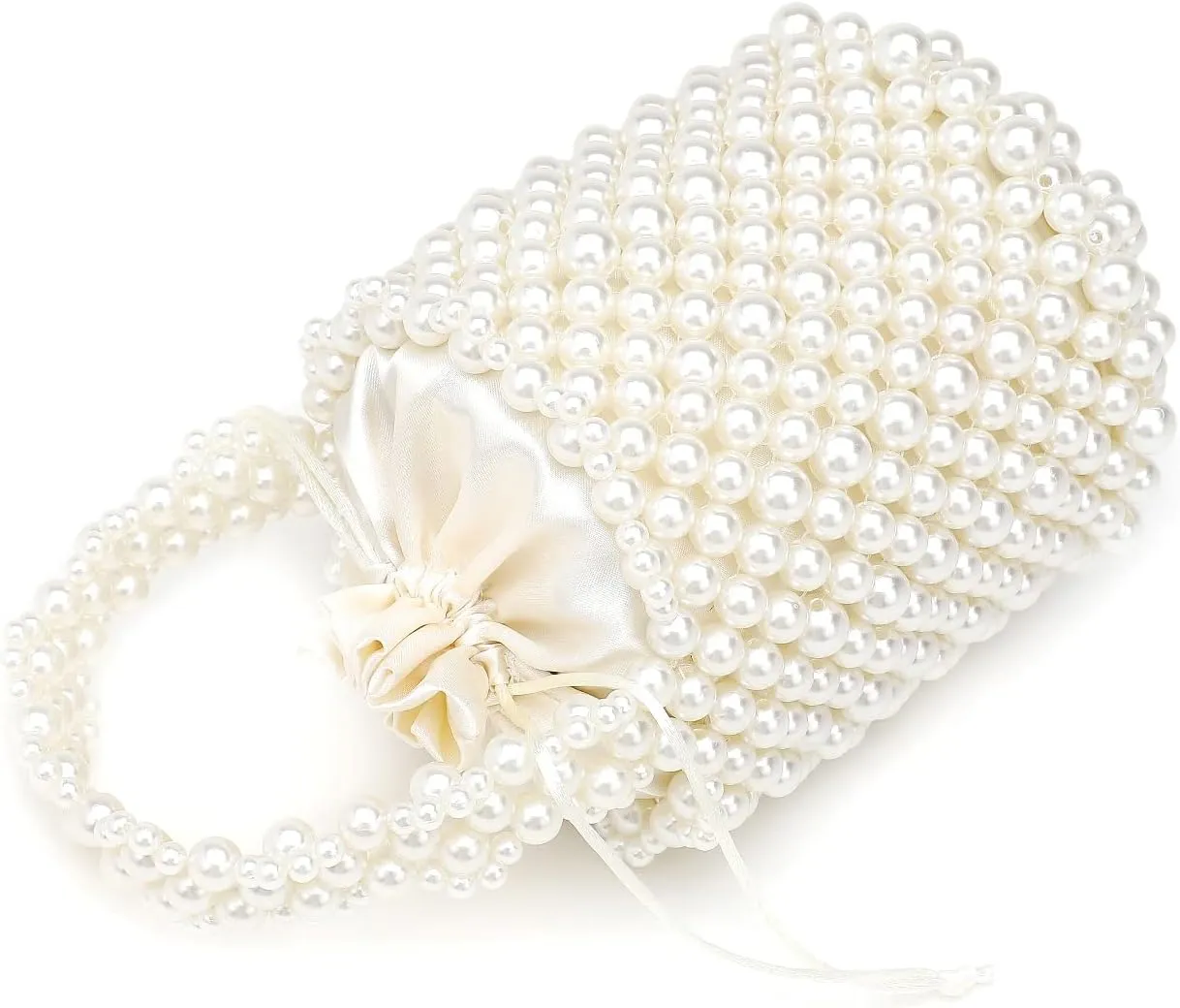 DJBM Women Handmade Pearl Beaded Clutch Bucket Evening Handbag Acrylic Pearl Purse for Party Wedding