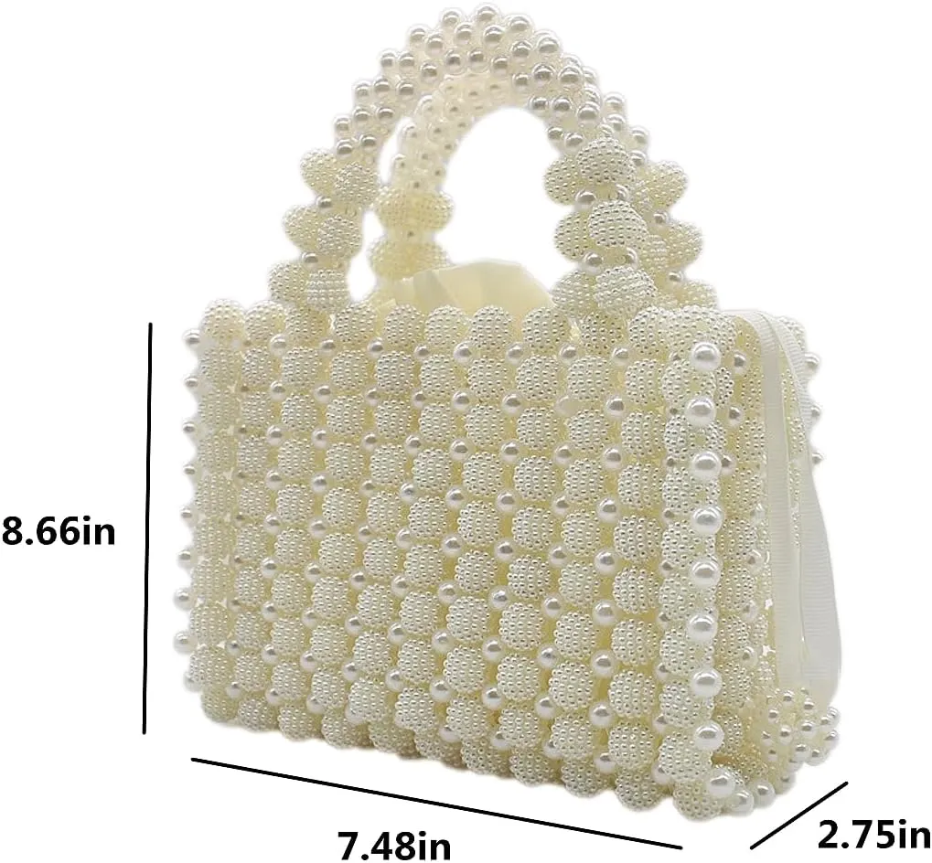 DJBM Women Handmade Pearl Beaded Clutch Bucket Evening Handbag Acrylic Pearl Purse for Party Wedding