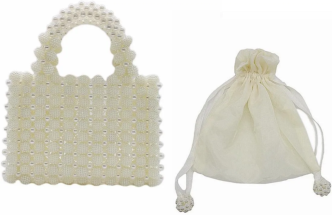 DJBM Women Handmade Pearl Beaded Clutch Bucket Evening Handbag Acrylic Pearl Purse for Party Wedding