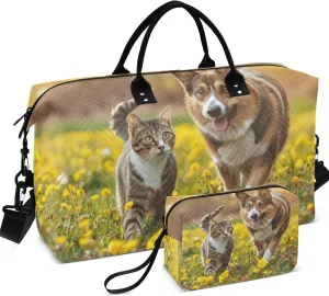 Dog and Cat Walking in the Meadow Stock Travel Duffle Women Toiletry Bag Set of 2, Colorful Women Gym Bag Small Overnight Hospital Bag