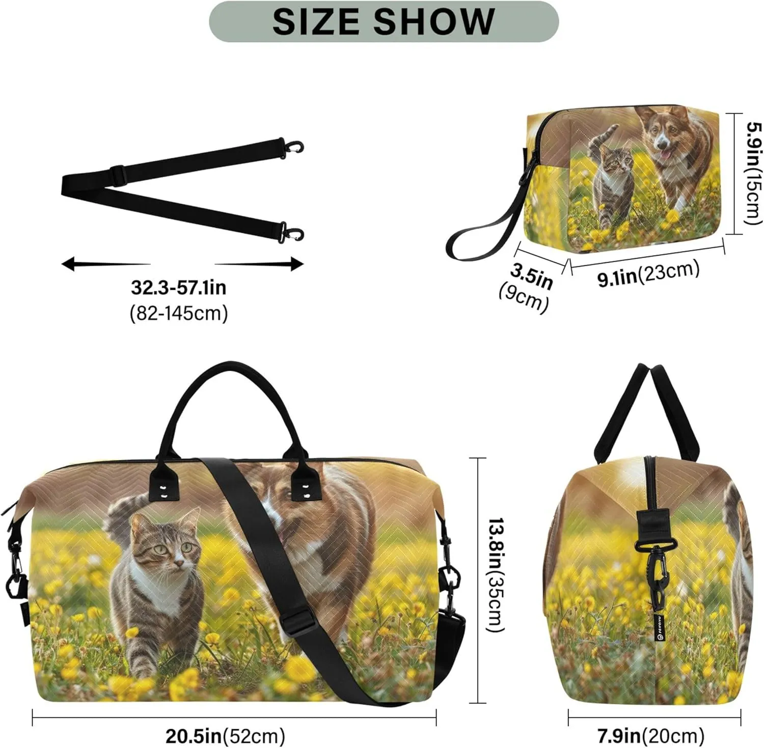 Dog and Cat Walking in the Meadow Stock Travel Duffle Women Toiletry Bag Set of 2, Colorful Women Gym Bag Small Overnight Hospital Bag