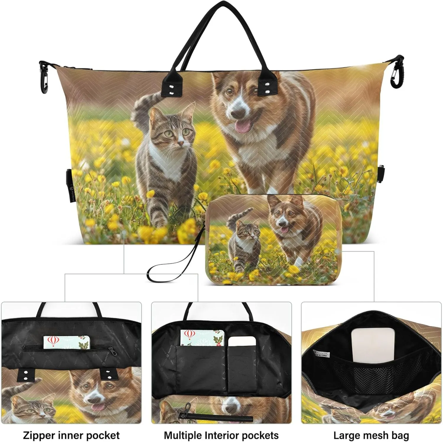 Dog and Cat Walking in the Meadow Stock Travel Duffle Women Toiletry Bag Set of 2, Colorful Women Gym Bag Small Overnight Hospital Bag