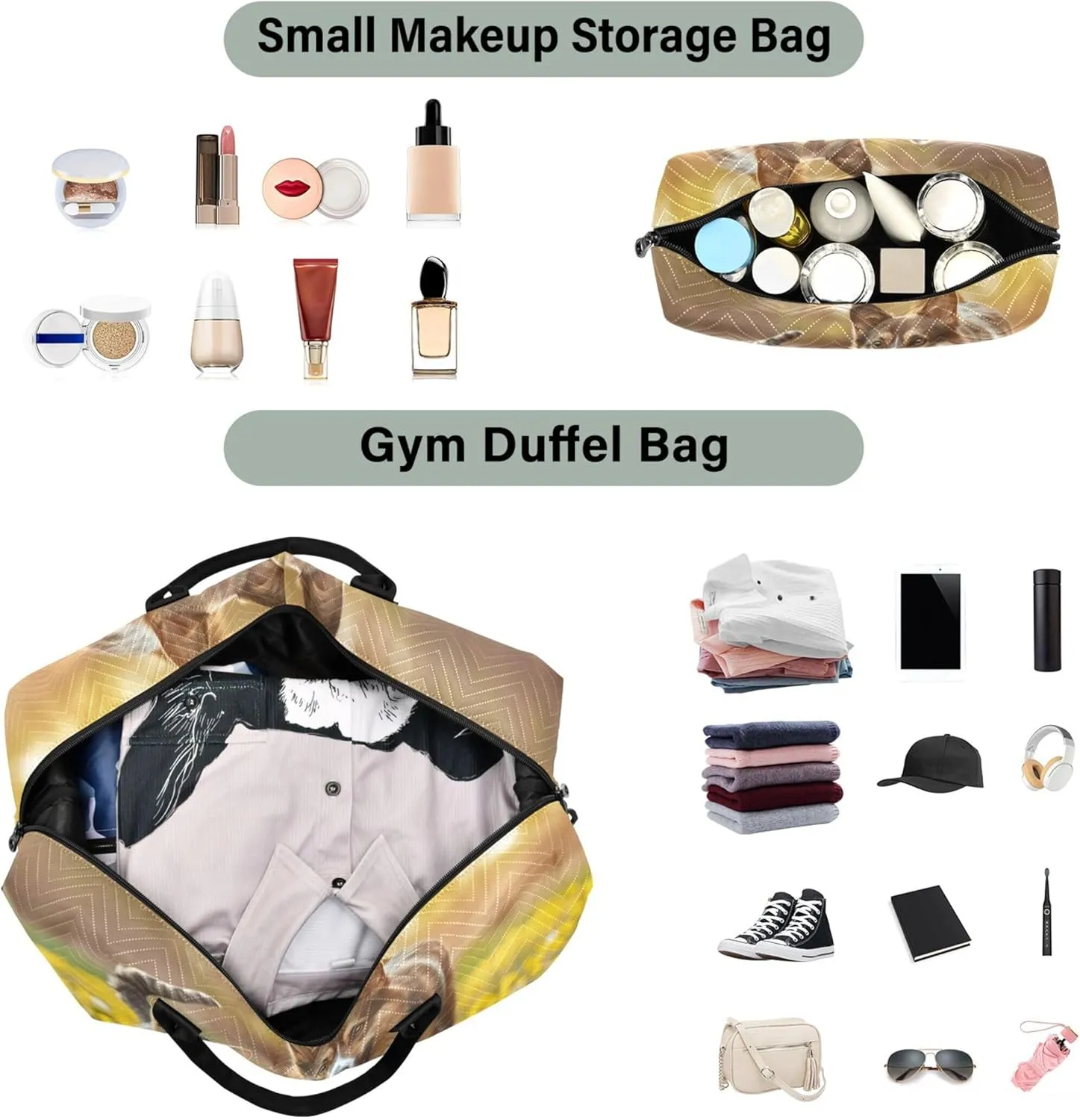 Dog and Cat Walking in the Meadow Stock Travel Duffle Women Toiletry Bag Set of 2, Colorful Women Gym Bag Small Overnight Hospital Bag