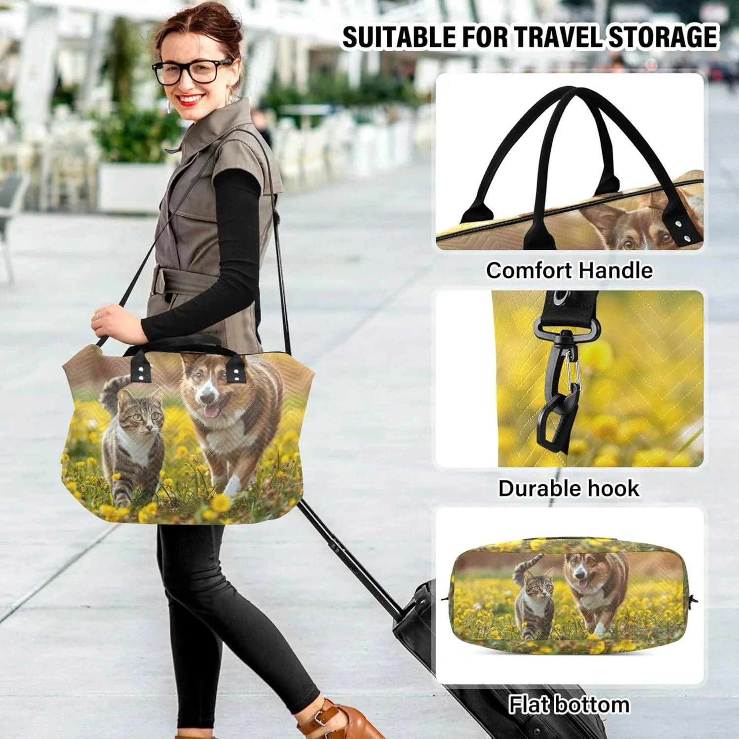 Dog and Cat Walking in the Meadow Stock Travel Duffle Women Toiletry Bag Set of 2, Colorful Women Gym Bag Small Overnight Hospital Bag