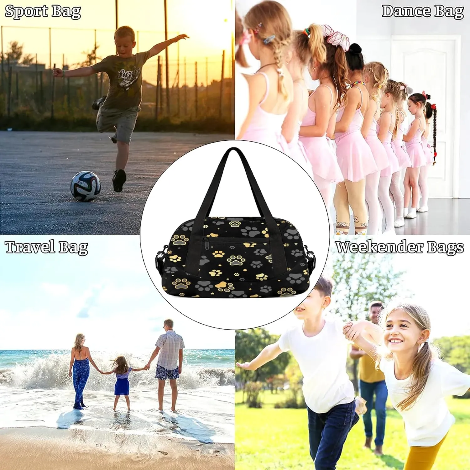 Dog Paw Pattern Kids Duffel Bag Lightweight Waterproof Sports Gym Bag with Front Zipper Pocket Foldable Weekender Overnight Bag for School Practice Gymnastic Ballet