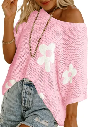 Dokotoo Womens Floral Fashion Summer Tops 2025 Short Sleeve Crochet Sweaters Swimsuit Cover Ups Lightweight Knit Pullover