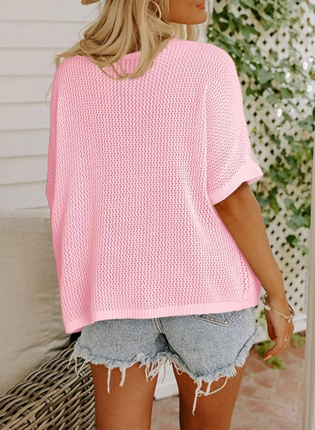 Dokotoo Womens Floral Fashion Summer Tops 2025 Short Sleeve Crochet Sweaters Swimsuit Cover Ups Lightweight Knit Pullover