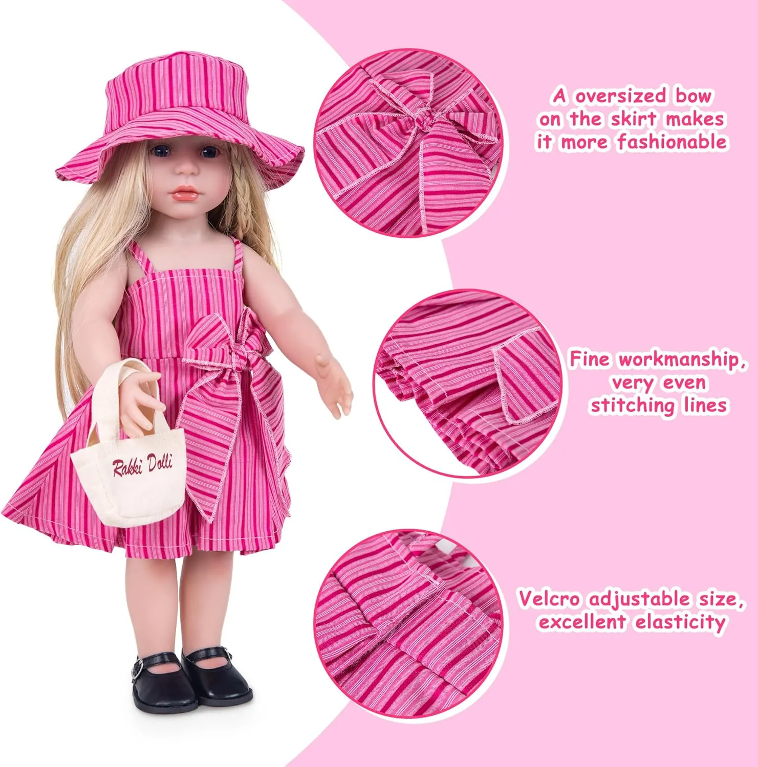 Doll Clothes Accessories 4 Pcs Set with Pink Princess Dresses Striped Camisole Dress Halter Dress & Hat & White Underwear & Fashion Canvas Handbag (Doll & Shoes Not Included)