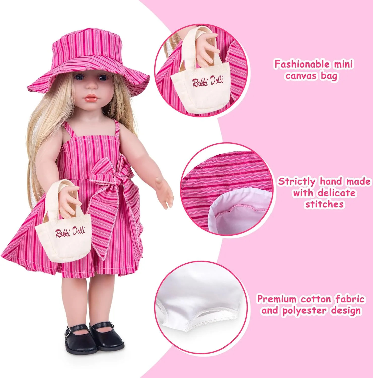 Doll Clothes Accessories 4 Pcs Set with Pink Princess Dresses Striped Camisole Dress Halter Dress & Hat & White Underwear & Fashion Canvas Handbag (Doll & Shoes Not Included)