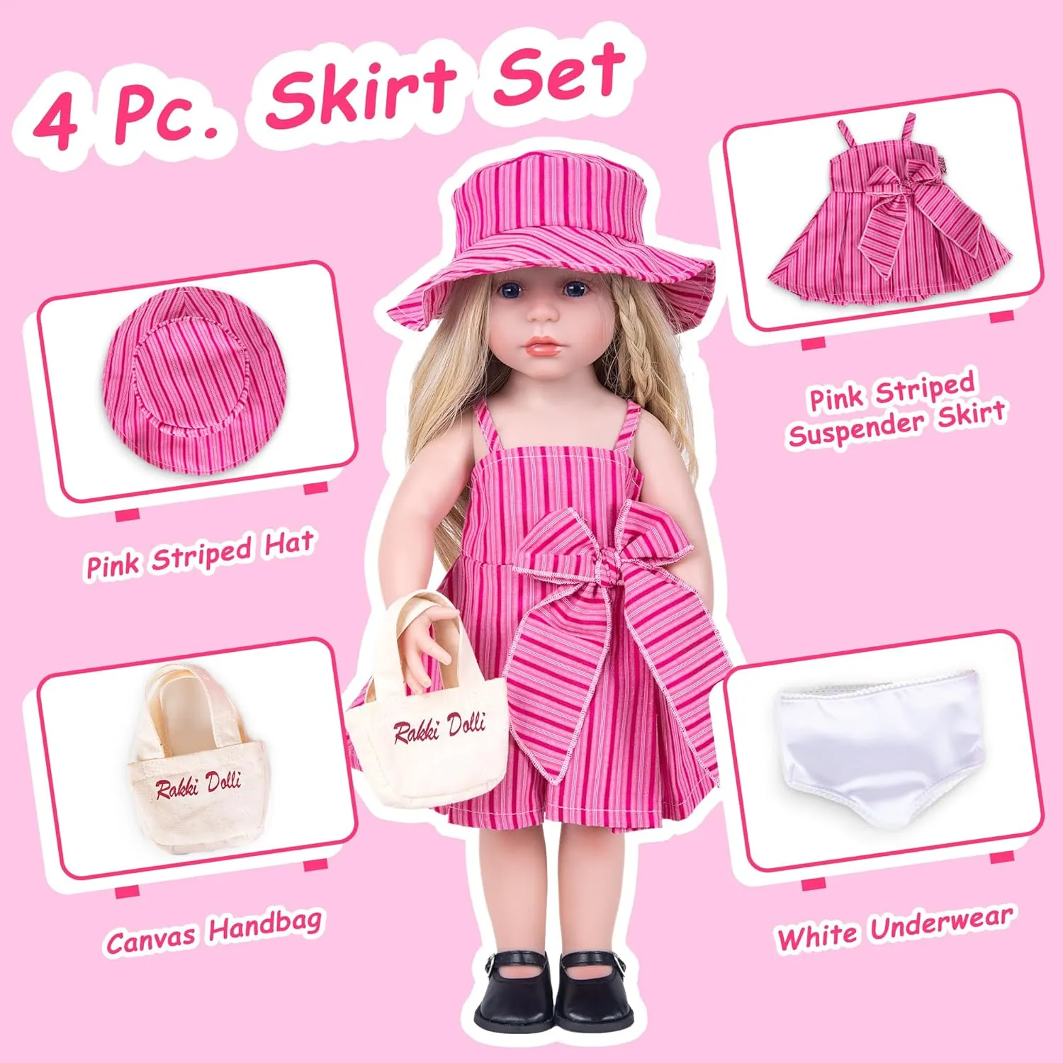 Doll Clothes Accessories 4 Pcs Set with Pink Princess Dresses Striped Camisole Dress Halter Dress & Hat & White Underwear & Fashion Canvas Handbag (Doll & Shoes Not Included)